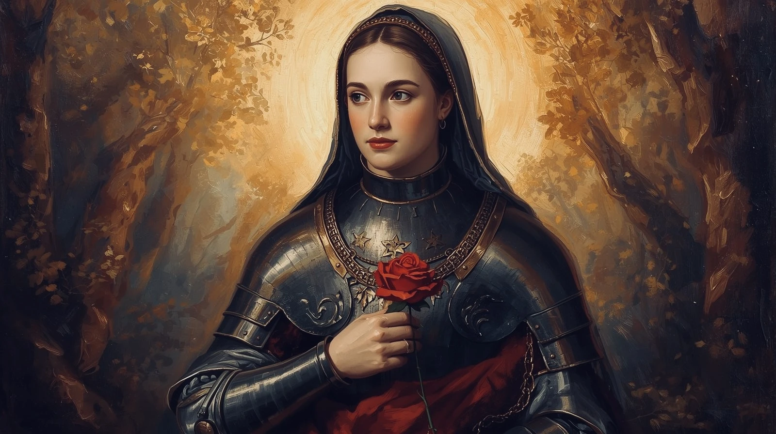 Brand artwork inspired by Joan of Arc, in armour with red roses