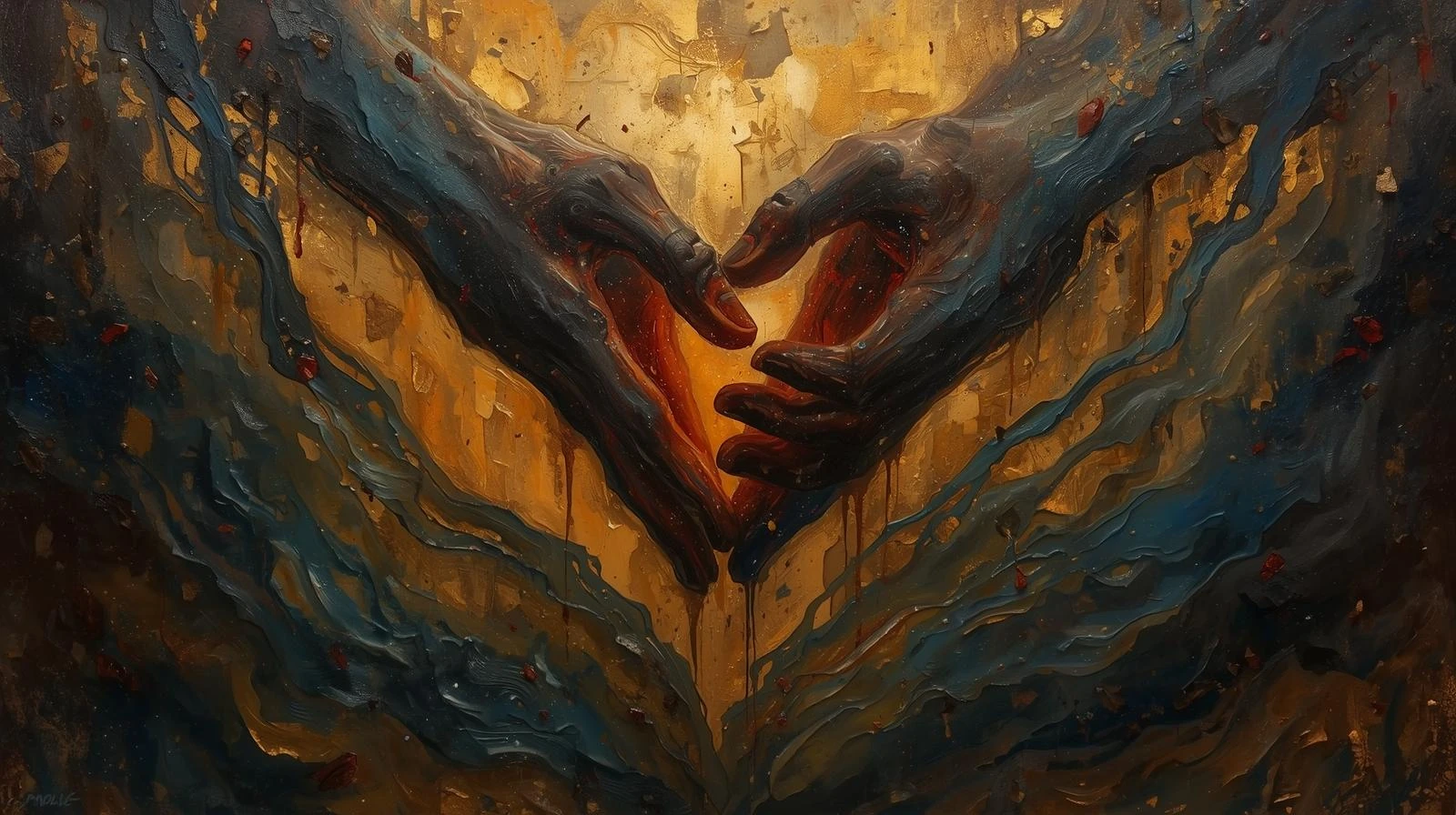 Brand artwork of hands forming a heart before flames