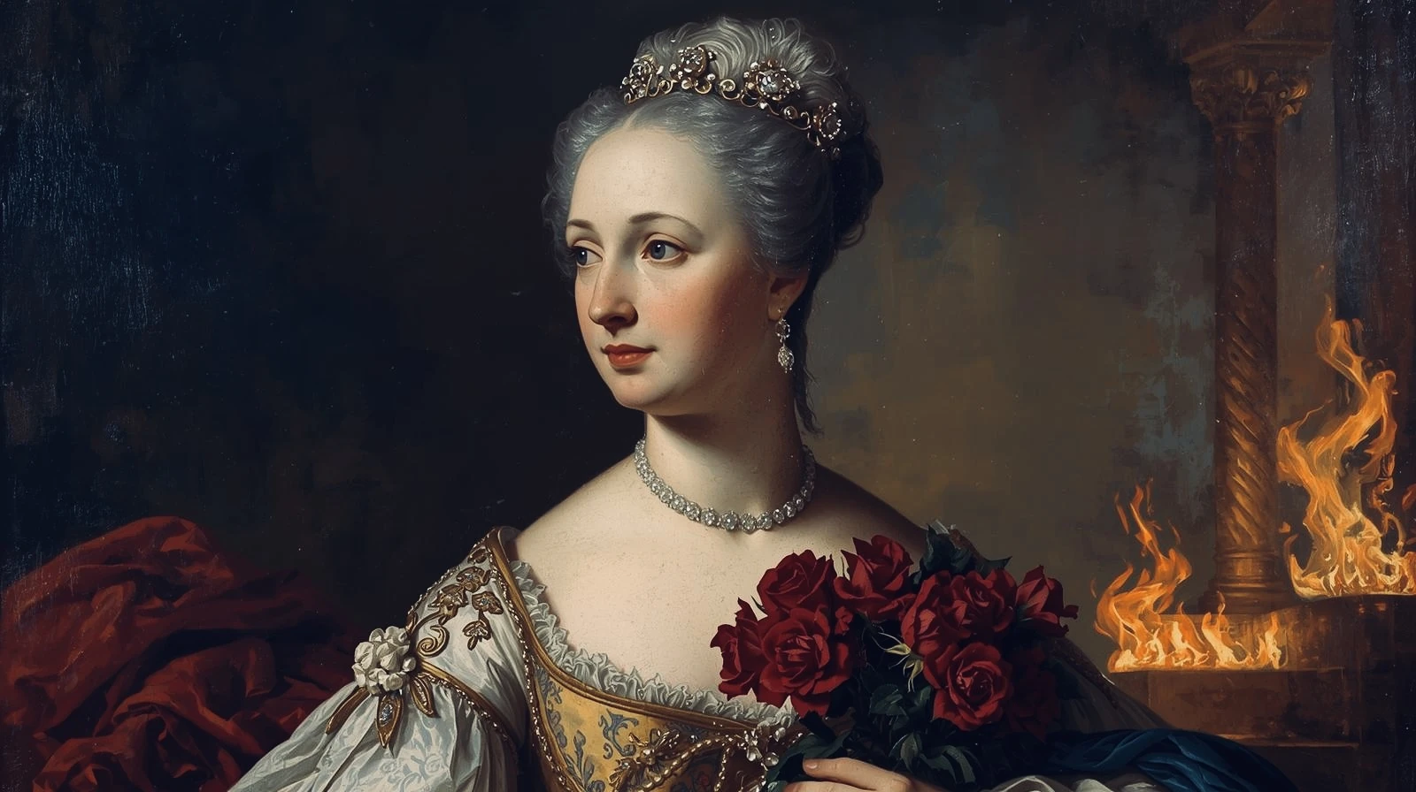 Brand artwork inspired by Marie Antoinette, with roses and flames